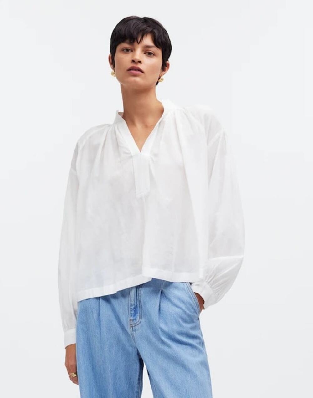 Madewell Shirred Long-Sleeve Top in Eyelet White Size Small